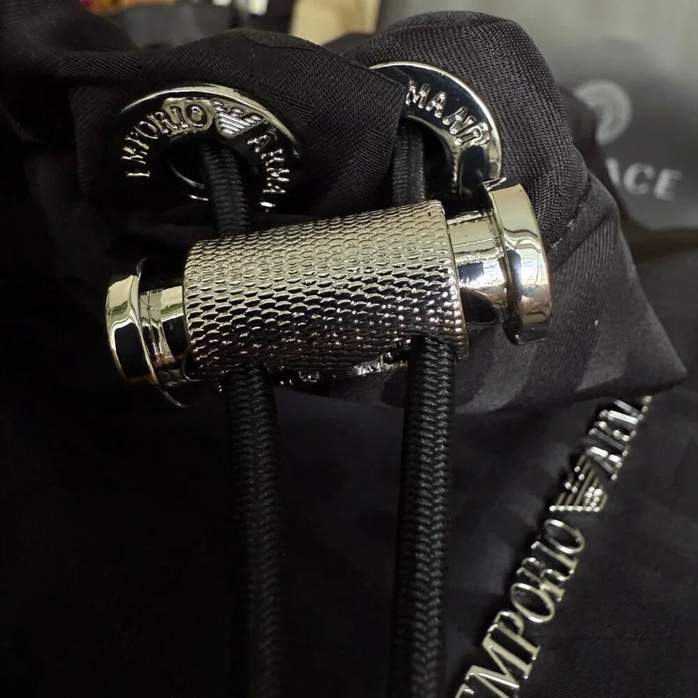 New‎ Emporio Armani Black Nylon oversized Drawstring Logo Backpack